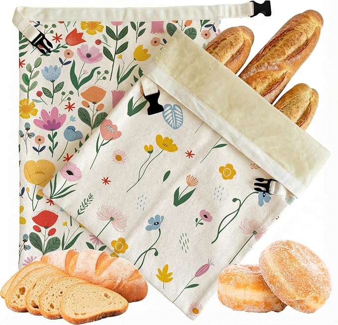 2 Pack Beeswax Bread Bags for Homemade Sourdough, 17x13 Inch Reusable Beeswax Lined Bread Bag with Buckle to Keeps Bread Freshness for Food Storage(Colorful Flowers)