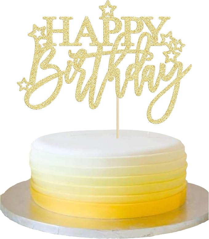 Gyufise 1Pcs Happy Birthday Cake Topper Glitter Happy Birthday Cake Pick for Celebrating Happy Birthday Anniversary Theme Party Cake Decorations Supplies Light Gold