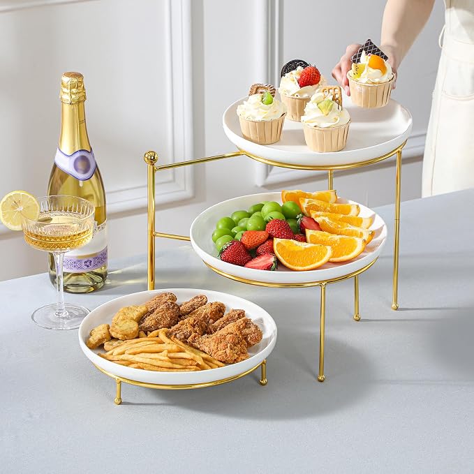 MALACASA White 3 Tier Serving Tray Stand with Gold Rack, 10 Inch Porcelain Tiered Dessert Stand, Cupcake Fruit Display Tower, Serving Platters for Party, Appetizer Tray, Dessert Table Display