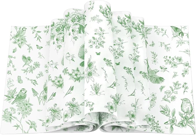 Feifeiya 200 Pcs Floral Wax Paper Sheet for Food Chinoiserie Bird Deli Paper Waterproof Sandwich Wrapping Greaseproof Food Basket Liners for Picnic Party Kitchen Supply, 9.8 x 8.7inch (Floral,Green)