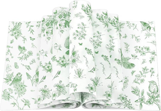Feifeiya 200 Pcs Floral Wax Paper Sheet for Food Chinoiserie Bird Deli Paper Waterproof Sandwich Wrapping Greaseproof Food Basket Liners for Picnic Party Kitchen Supply, 9.8 x 8.7inch (Floral,Green)