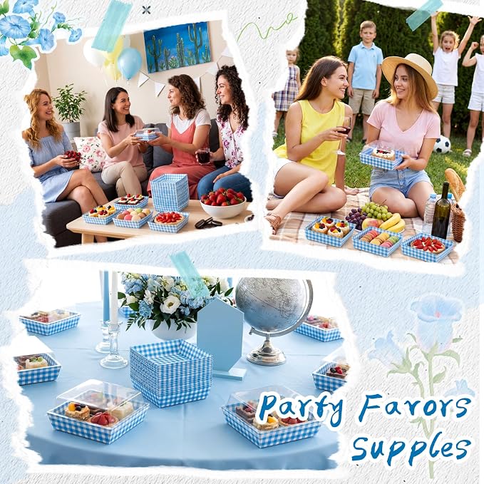 Potchen 50 Pack Blue & White Plaid Charcuterie Boxes with Clear Lids Boxes with Window for Cookies, Candy, and Mini Cakes – Ideal for Gift Giving & Bakery Packaging