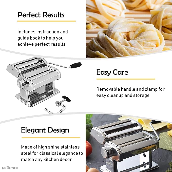 Pasta Maker Machine Stainless Steel Manual | With Adjustable Thickness Settings | Perfect for Homemade Spaghetti Fettuccini Noodles and Lasagna | Includes Removable Handle and Clamp (Silver)