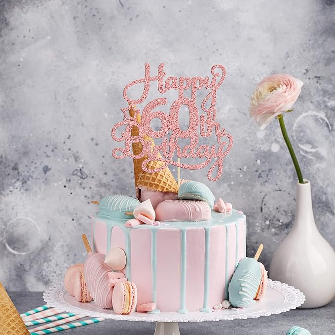 1 Pack Happy 60th Birthday Cake Topper Rose Gold Glitter 60 & Fabulous Cheers to 60 Years Old 60th Birthday Cake Pick for Celebrating 60th Birthday Anniversary Party Cake Decorations Supplies
