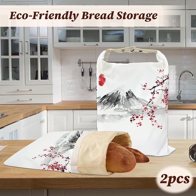 Beeswax Bread Bags, 2 Pack for Homemade Bread and Sourdough Storage | Japanese Cherry Blossom Sun Fuji Mount, Reusable Polyester Bread Storage With Beeswax Coating And Snap Closures