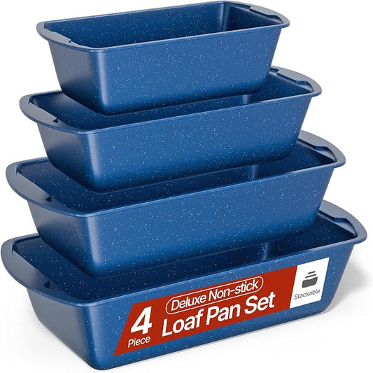 Nonstick Loaf Pan Set Pack of 4, 7" to 11" Large Baking Bread Pan, Oven Safe Up to 450°F, PFOA, PFOS, PTFE Free, Space Saving Stackable Design, Stain Resistant, Dishwasher Friendly, Blue Marble