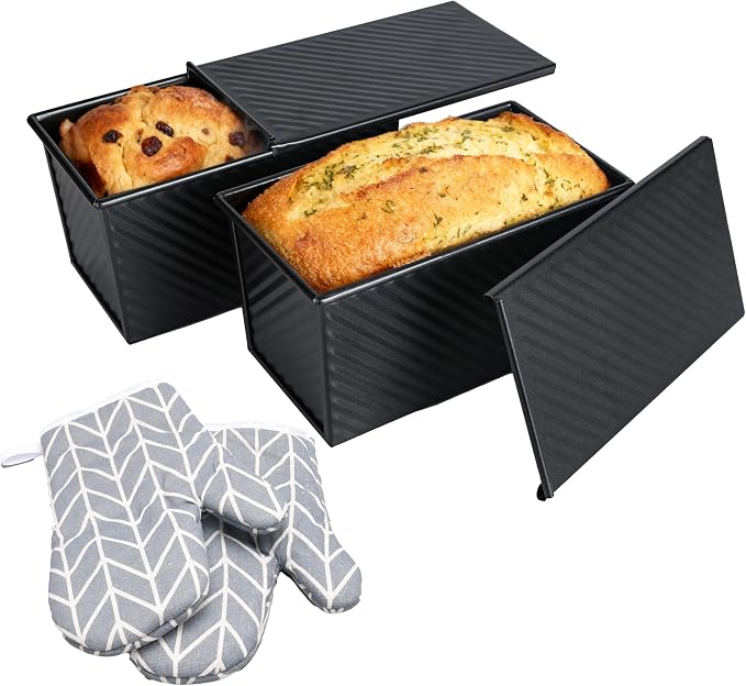 Pullman Loaf Pan With Lid - Bread Pans For Homemade Bread - 1lb Non-Stick Loaf Baking Pans - Carbon Steel Toast Box With Oven Mitts（Set Of 2）