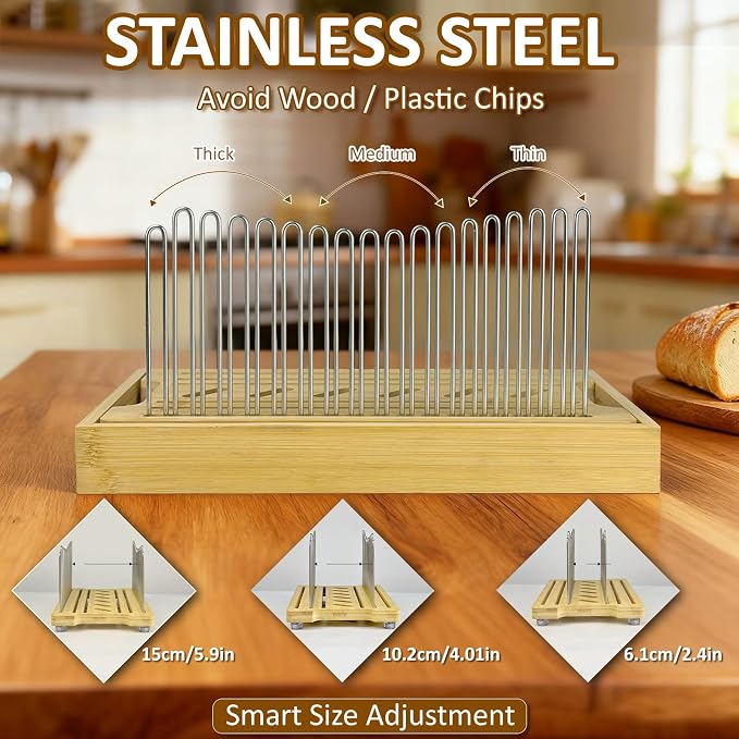 Bamboo Bread Slicer for Homemade Bread | Adjustable Width, Stainless Steel Slicing Guides, Crumb Tray, For Sourdough, Cakes, Loaves, Bagels