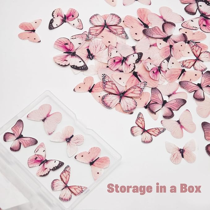 80Pcs Pink Edible Butterfly Cake Decorations Wafer Paper Butterfly Cupcake Toppers Butterflies Cupcake Toppers for Wedding Birthday Anniversary Flower Themed Party Supplies