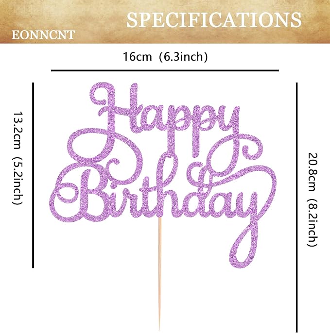Happy Birthday Cake Topper - Purple Glitter Birthday Party Cake Decoration Supplies, Photo Booth Props