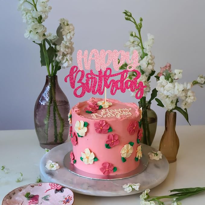 Gyufise 1Pcs Happy Birthday Cake Topper Glitter Happy Birthday Cake Pick for Celebrating Wedding Anniversary Theme Party Cake Decorations Supplies Pink Rose Red