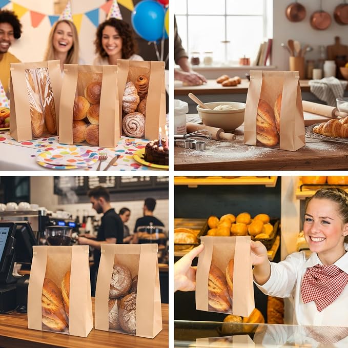 Moretoes 20 Pack Paper Bread Bags for Homemade Bread, 13.7x8.3x3.5 Inches, Sourdough Bread Bags with Tin Tie Tab and Clear Front Window, Includes 36 Label Seal Stickers