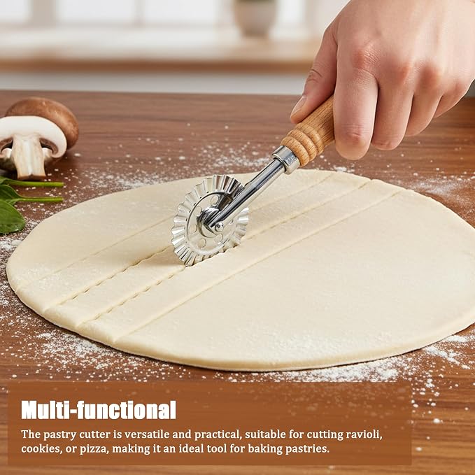 Long Handle Large Cutter Wheel - Exquisite Wooden Handle, Perfect for Pasta, Pizza, Ravioli, Pastry,Cookie - Versatile Crinkle and Biscuit Cutter for Effortless Slicing