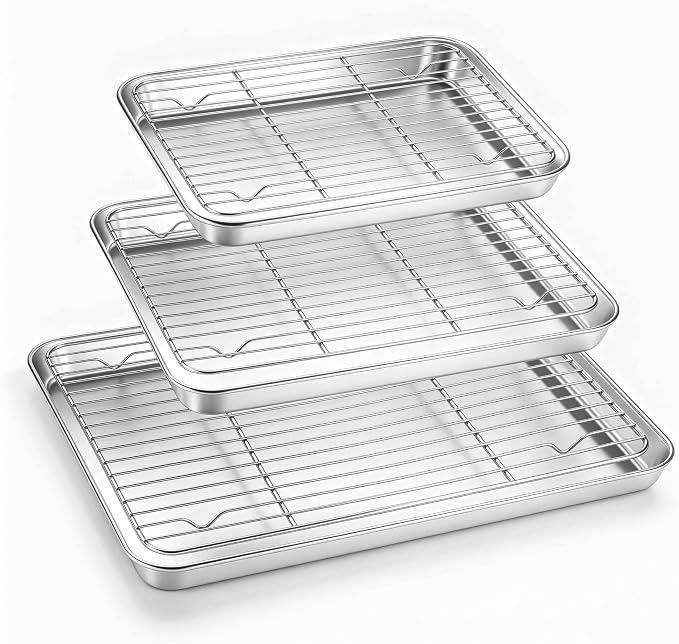 Homikit Baking Sheet with Wire Rack Set (3 Pans + 3 Racks), 16/12/9 Inches | Stainless Steel Sheet Pans with Cooling Racks for Oven, Heavy Duty Metal Cookie Bacon Baking Trays Non Toxic, Dishwasher Safe