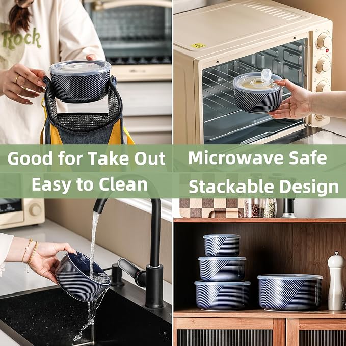 Ceramic Nesting Bowls with Lids: Mixing Bowls with Lids - Porcelain Food Storage Containers For Prep and Serving, Microwavable Kitchen Bowl Set of 4, 50/32/20/10 oz (Navy)