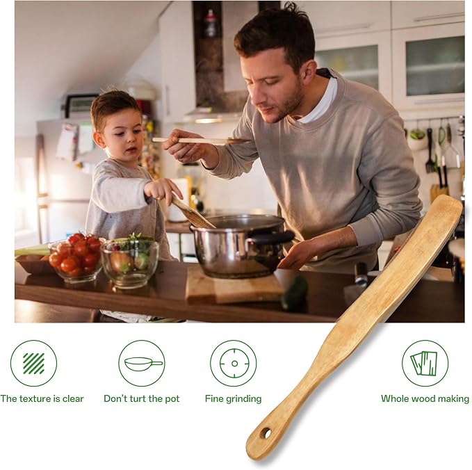 Wooden Spurtle 2Pcs, Skinny Teak Spatula for Sourdough Starter | Natural teak & earlywood, BPA-free, heat-resist, ergonomic, hand wash, oil periodically, for sourdough, gift for bakers