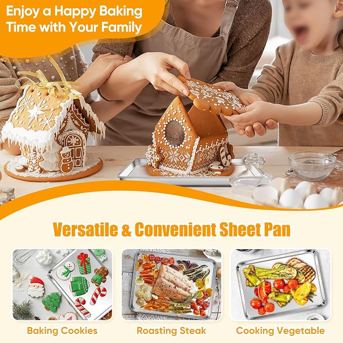 Homikit 4 Pack Baking Sheet, 9 x 13 Inches Stainless Steel Quarter Sheet Pan Set for Baking Cooking Toasting, Metal Cookie Tray Fits Toaster Oven, Non Stick & Rust Free, Dishwasher Safe