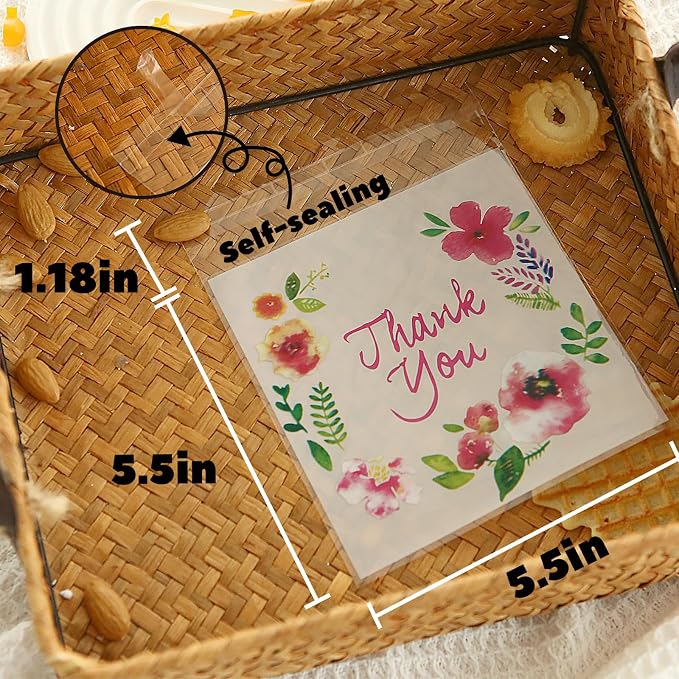 200pcs 5.5x5.5in Thank You Candy Bags Individual Cookie Wrappers Pink Flower Self Adhesive OPP Cookie Bakery Bags Roasting Treat DIY Translucent Plastic pouches