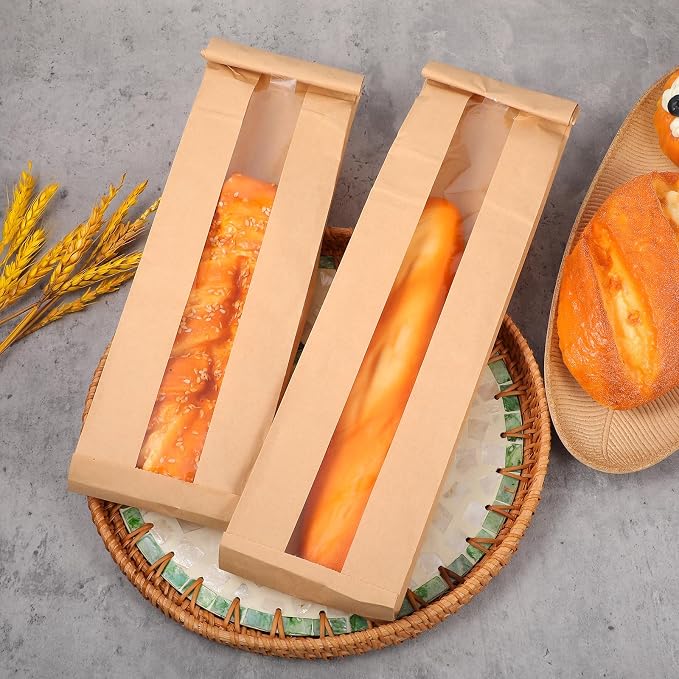 100 Pack 23.22 x 4.33 x 1.57 Inch Baguette Bread Bags with Clear Window, Long French Bread Bag, Paper Bakery Storage Bags for Homemade Breads, Pastries, and Snack
