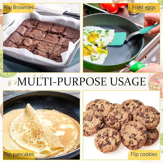 Silicone Cookie Spatula Turner 2 Pack Mini Brownie Spatula Flexible Kitchen Small Silicone Turner for Nonstick Cookware Heat Resistant No Scratch Flipper for Pancake(Solid Flat,Green)