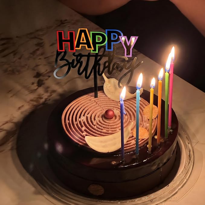 Acrylic Black Happy Birthday Cake Topper, 7.5" x 6" Rainbow Birthday Cake Decoration (Black)