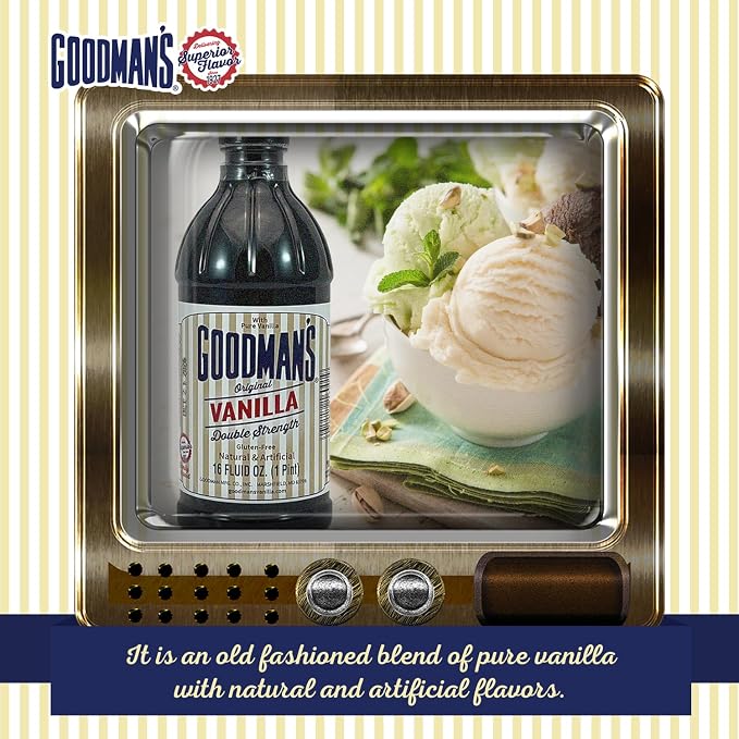 Goodman's Original Vanilla Double Strength - Gluten-Free, Non-GMO, Kosher, Low Carb & Low Calorie, a Blend of Artificial flavors with Pure Vanilla - No Animal Products, No Sugar (16oz Bottle)