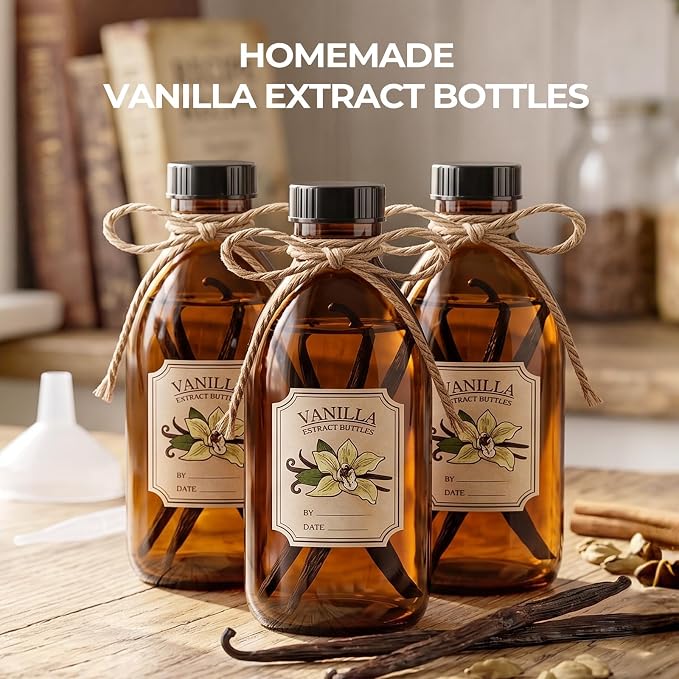 8 Pack 8oz Vanilla Extract Bottles, Amber Glass Bottles with Caps and Labels Small Boston Round Bottles for Homemade Gifts, Essential Oils, Potions, Tinctures & Liquids - Airtight & Leakproof