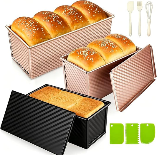 3Pack Pullman Loaf Pans with Lids – 2.2 LB & 1 LB & 1 LB Dough Capacity, Non-Stick Carbon Steel Bread Pans for Homemade Sandwich and Sourdough Bread, Corrugated Toast Mold