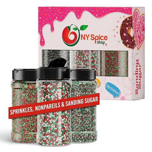 NY Spice Shop Sprinkles Nonpareils & Sanding Sugar – Red Green White Nonpareils & Sprinkle - Edible Christmas Festive Cooking Decor Sprinkle - Candy Cane Sprinkles for Baking and Dessert Toppings