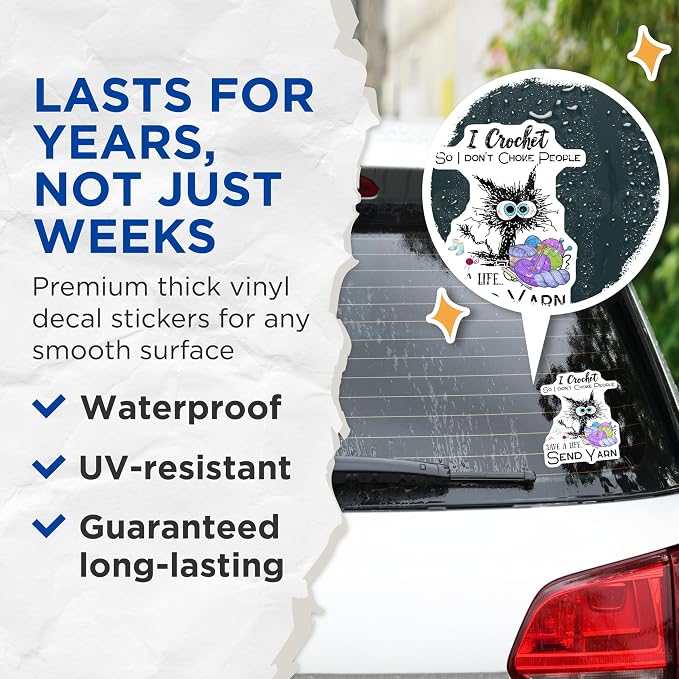 (2 Pack) I Crochet Stickers - Funny Crochet Quote Stickers - Save a Life Send Yarn Stickers - 5" On Longest Side - Sticks to Any Smooth Flat Surface - Made in USA - BMCS3378
