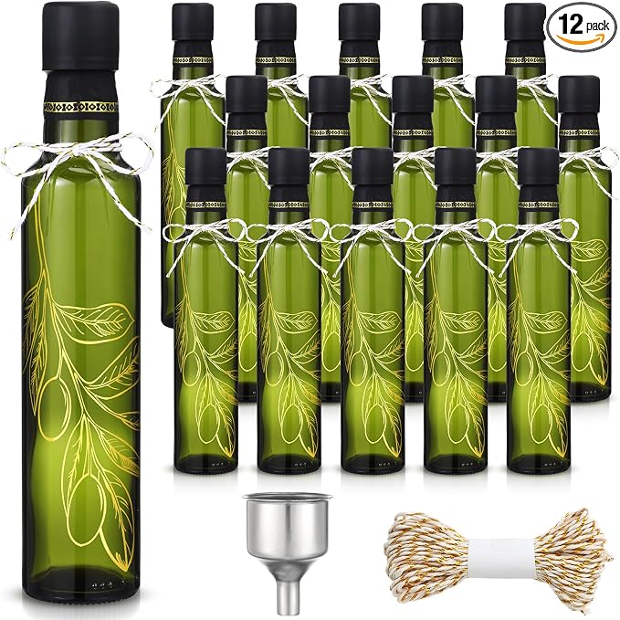 Reallnaive 12 Sets 8 oz Glass Olive Oil Bottles Empty Sauce Condiment Bottles with Tags and Twine and Funnel for Storing Homemade Oil Christmas Wedding Baby Shower Gifts(Olive Leaf, Dark Green)