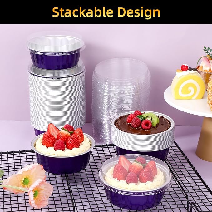 Beasea Disposable Ramekins with Lids, 120 Pack 8 oz 4 Inch Mini Aluminum Foil Creme Brulee Baking Cups Small Round Cupcake Muffin Tins Baking Cups Individual Containers for Party - Violet Purple