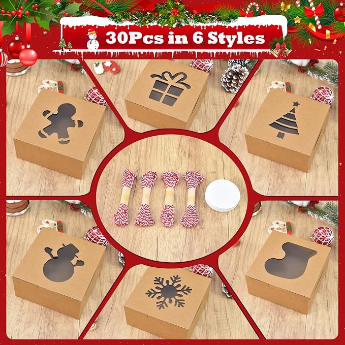 COTOPHER 30Pcs Christmas Cookie Boxes With Window, 6x6x3 Inch Brown Bakery Box for Gift Giving, XMAS Treat Holiday Pastries Box for Cakes Muffins Donuts Chocolate Strawberries