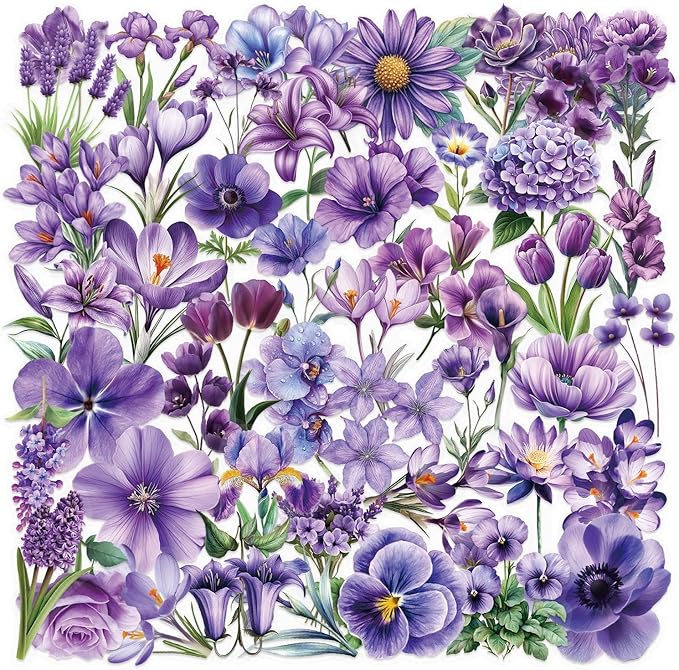 50Pcs Transparent Purple Flowers Stickers