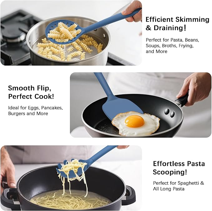 Coukre Silicone Kitchen Cooking Utensils Set with Holder – Heat-Resistant, Food-Grade Kitchen Tools, Spatula, Spoon & Gadgets for Non-Stick Pans, Dishwasher Safe (14, PureDarkBlue)