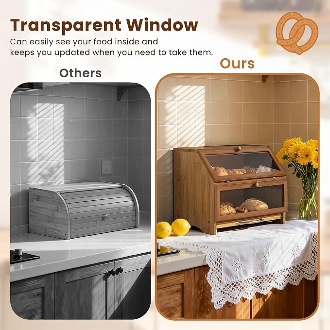 MAISONPEX Double Layer Bamboo Bread Box for Kitchen Countertop, Large Capacity, Cutting Board, Stainless Steel Bread Knife, Double Layer Storage Container with Clear Windows, Walnut