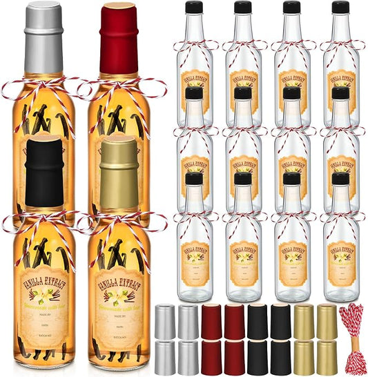 Tioncy 16 Pcs Empty Vanilla Extract Bottles for Homemade Vanilla Jar Glass Bottle with Cap, Shrink Band, Sticker DIY Crafts Wedding Gift Food Storage Canister for Bean(Multicolour,5 oz)