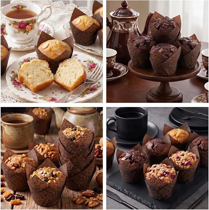 200 Pcs Brown Tulip Cupcake Liners for Baking, Brown Wavy Line | Standard Greaseproof Tulip Muffin Liners for Baking, 3oz Brown Paper Cupcake Wrappers for Party Wedding Birthday