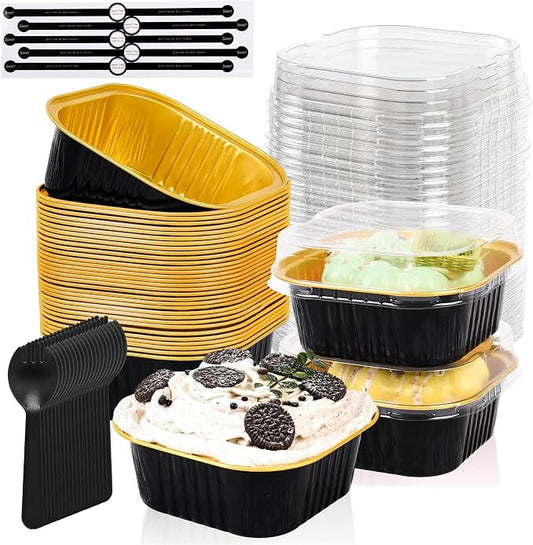 100 Pcs Mini Cake Pans with Lids, 5oz Square Aluminum Foil Brownie Baking Cups, Dessert Cupcake Cups with lids, Disposable Loaf Pans Cupcake for Wedding Birthday Party (Black Gold)