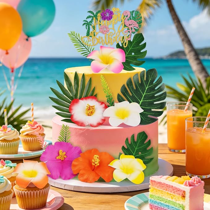 16PCS Hawaiian Flower Cake Topper Tropical Cake Decorations with Palm Leaves Flowers Hawaiian Cake Decorations for Summer Pool Beach Luau Tropical Birthday Party Supplies