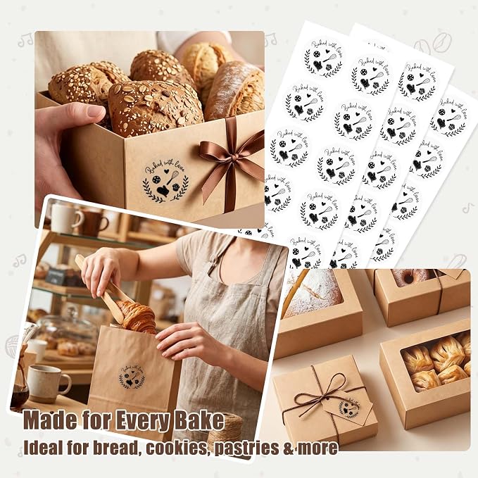 100 Pack Baked with Love Stickers, Clear Black Foil Bakery Labels for Homemade Baked Goods, Baking Stickers for Cookies, Bread, Cupcakes, Sourdough & Small Business Packaging, 1.6''