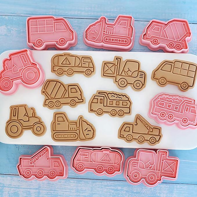 8 Pcs Construction Vehicle Themed Cookie Cutters Set Cute 3D Cartoon Excavators Bulldozers Biscuit Cookie Stamps for Party Cookie Baking Frosting Decoration Fondant Muffins Cheese Mousse