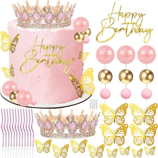 Crown Cake Topper, Pink & Rose Gold Crown Balls Happy Birthday Cake Toppers Candles Butterfly, Corona Para Pastel, Crown Cake Decorations for Women Queen Princess (Rose Gold, Jelly Pink)