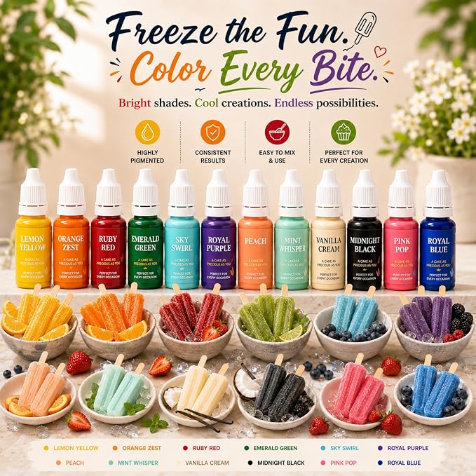 Confect Core Baking Water Color Food Coloring Set – Highly Pigmented Oil Based Food Colors for Cakes, Buttercream, Drinks, Popsicles & Baking – 12 Pack × 10mL