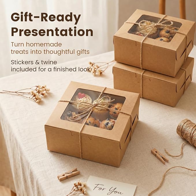 OAMCEG 50 PCS Cupcake Boxes with Window, 6x6x3 Inch Cookie Boxes, Bakery Treat Boxes for Pastry, Dessert, Chocolate Strawberries, Cupcake Containers, Gift Giving with Stickers & Twine （Brown）