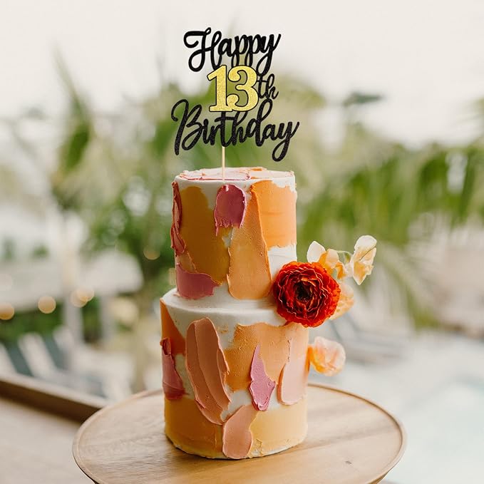 1 PCS Happy 13th Birthday Cake Topper Black Gold Glitter Cheers to 13 Years Birthday Cake Pick 13 Fabulous Cake Decoration for Happy 13th Birthday Anniversary Party Cake Decorations Supplies