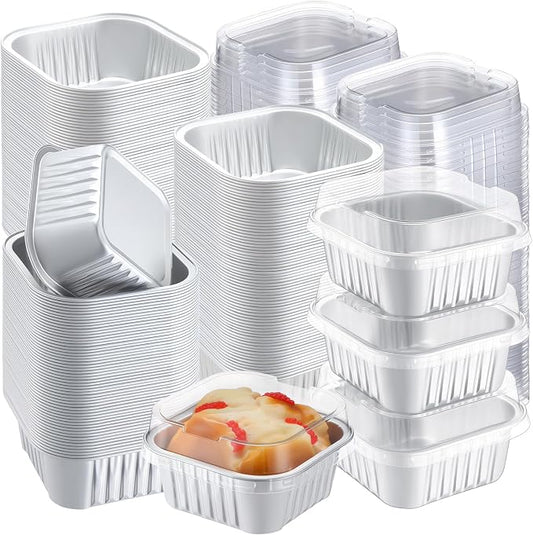 200 Pack 5 oz Mini Cake Pans with Lid, Aluminum Foil Mini Baking Tins, Square Disposable Cupcake Baking Cup Dessert Container for Wedding Birthday Party Picnic(Silver,Classic)