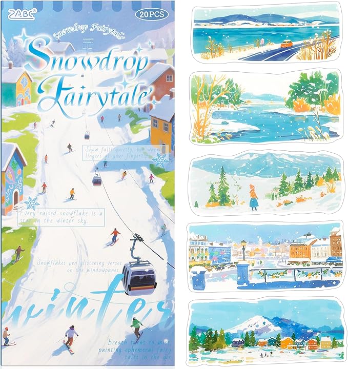 Snow Series Sticker Scrapbooking Supplies for Junk Journal, 10 Sheets PET Stickers and 10 Sheets Washi Stickers