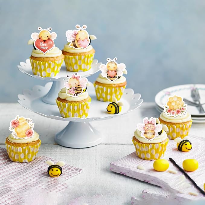 60 PCS Edible Bumble Bee Cupcake Toppers Wafer Paper Love Heart Flower Oh Babee Cupcake Picks Edible Honey Bee Cupcake Decorations for Baby Shower Kids Birthday Party Cake Decorations Supplies