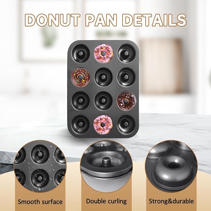 2-Pack Donut Pans for Baking - 12-Cavity Nonstick Carbon Steel Doughnut Trays, Deep Molds for Mini Bagels, Cakes & Homemade Baked Treats, 24 Cavities Total (Black)